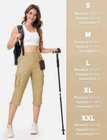 KEFITEVD Women's Cargo Capris Lightweight Hiking Capri Pants With Pockets Water Resistant Summer Travel Outdoor Casual - 卡其色 - 查看 6