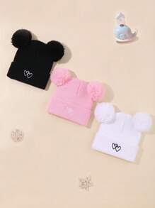 3件组合儿童纯色秋冬保暖针织帽，心形刺绣设计，适合儿童保暖 - 彩色 - 查看 2