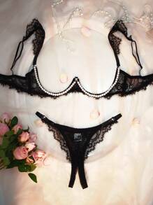 Black Cap Sleeve Comfortable Lace Sheer Pearl Decor Sexy Lingerie Set For Women