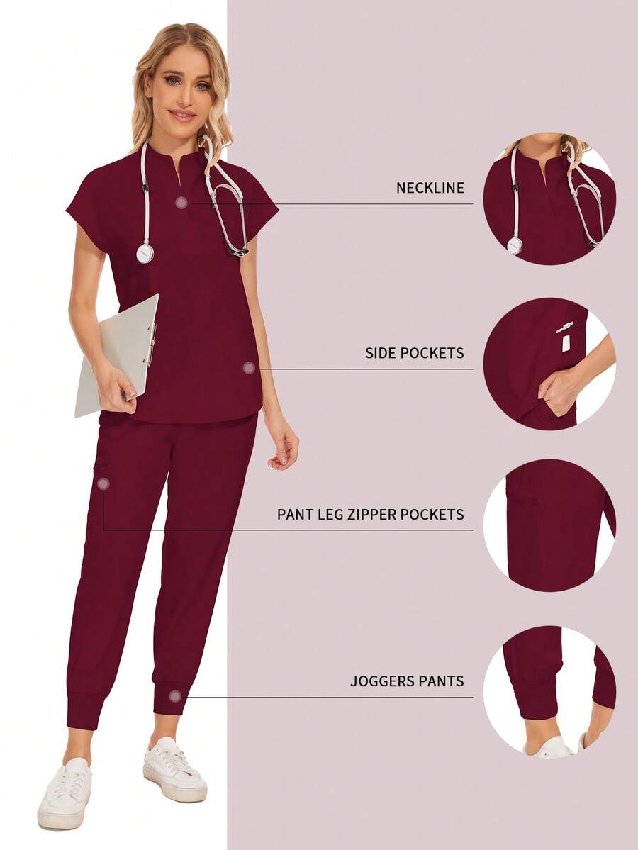 批发时尚牙科医院制服套装纯色手术服口袋V领女士手术服套装，含运动裤，春季款 - 酒紅色 - 查看 1