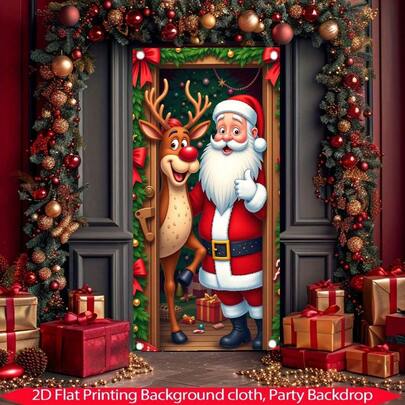 1 pieza Bandera de marco de puerta con Papá Noel y reno, una alegre decoración navideña para el umbral que presenta a Papá Noel y un reno, perfecta para fiestas navideñas, celebraciones de invierno, decoración del hogar y crear un ambiente festivo.Navidad
