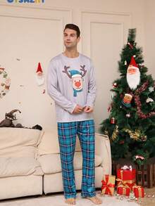 2pcs Men's Christmas Pajama Set, Cartoon Deer Pattern Comfortable Round Neck Long Sleeve Top And Loose Striped Pants - Multicolor - View 1