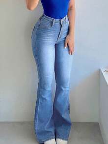 Women's Stretch Skinny Jeans Women's - Hip Lift Slimming Micro Pants Front Buckle Slimming God Pants All Match Leg Long Flare Pants European And American Retro Spice Pants - 淺色水洗藍 - 查看 7