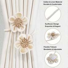 1pc/2pcs Flower Curtain Tiebacks With Linen Straps, Purely Handcrafted In A Light Luxury And High-End Style. These Are Decorative Fasteners, Buckles, And Gathering Clips, Suitable For Living Rooms, Bedrooms, And Home Decoration,Room Decor