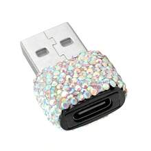 A1pcs 闪亮奢华水晶汽车 USB 转 Type-C 适配器，可充电和传输数据，适用于车载充电器、移动电源和电脑充电和传输数据，Type-C 音频插孔转换器，迷你设计，便于携带，金属材质，耐用时尚 - 彩色 - 查看 14