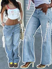 女式水洗牛仔直筒牛仔裤，带系带装饰，秋季