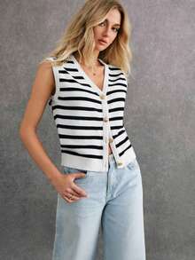 Cárdigan informal a rayas para mujer, diseño de escote en V sin mangas, rayas blancas y negras en colores contrastantes, combinado con botones exquisitos, el estilo general es simple y elegante. - Blanco - Ver 6