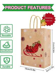 12Pcs Christmas Gift Bags With Handles,Reusable Christmas Gift Bags,Santa Claus Snowman Bells Christmas Tree Pattern Kraft Paper Bags,Party Favor Bags