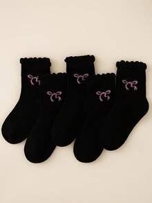 10/5 双纯色儿童袜子/校袜，可爱的蝴蝶结装饰，柔软舒适的休闲踝袜，适合日常生活、返校、校园、运动、教室、新学期、学生、返校季