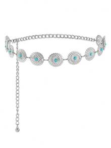 Hershine Elegancki pasek vintage w stylu boho dla kobiet, z okrągłym metalowym paskiem ozdobionym turkusowymi i kwiatowymi zdobieniami. To ekskluzywny dodatek, który doskonale komponuje się z koszulami i sukienkami. Dostępny w dużych rozmiarach, w kolorze złotym i srebrnym. Ten modny dodatek w stylu western kowbojskim z 2000 roku można łączyć z koszulami i sukienkami.