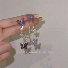 Pair Purple Elegant Butterfly Dangle Earrings For Women, Cute Animal Pendant Long Tassel Holiday Theme Jewelry For Women Vacation & Gift Giving - 紫色 - 查看 6
