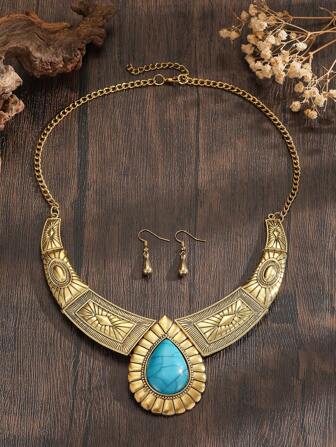 1 Set de collar con colgante de lágrima con flores vintage exagerado de metal estilo europeo y americano