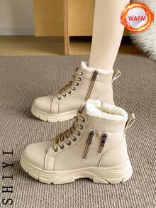 2025冬季女式雪地靴，毛绒内衬，加厚保暖，增高设计，时尚百搭，学生休闲短靴 - 卡其色 - 查看 10