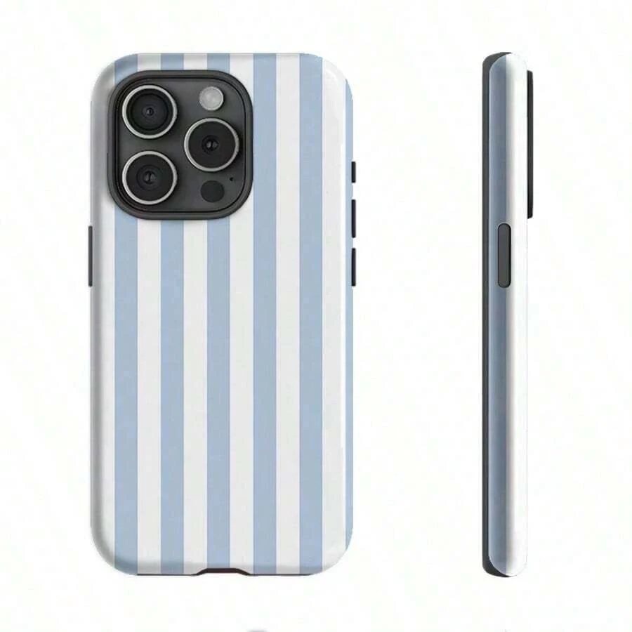 Funda protectora para teléfono con diseño de rayas azules (1 unidad), compatible con phone 16, 15, 14, 13, 12 Pro/Plus, elegante y moderna, resistente a golpes y caídas, con película protectora rígida y delgada. Funda - Blanco - Ver 1