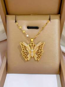 1pc Hollow Butterfly Pendant Necklace For Women - Gold Stainless Steel Jewelry With Details Elegant Gift - Vàng - Xem 3