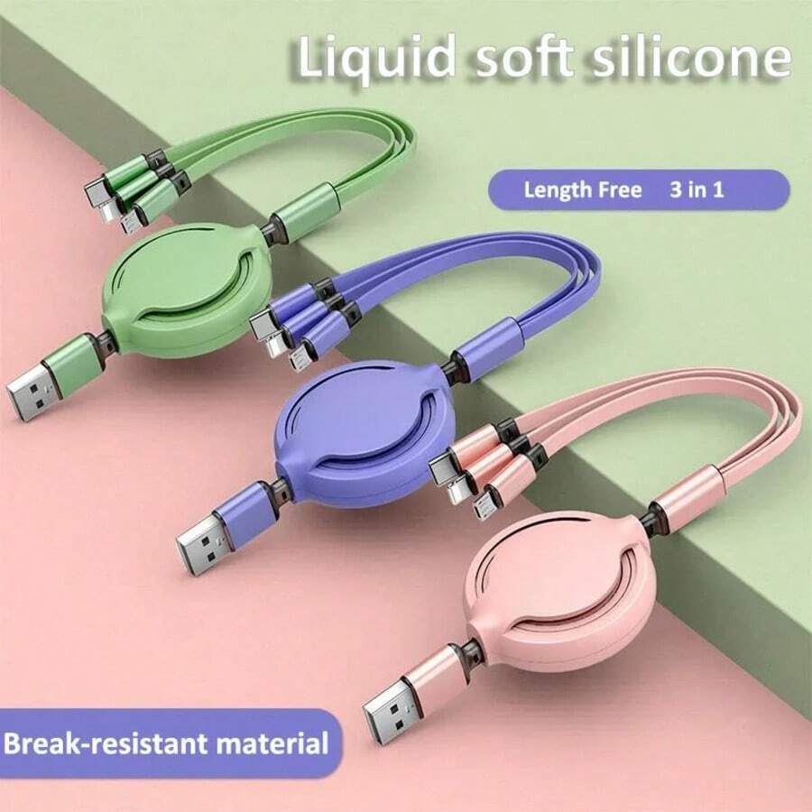 Macaroon-Colored 3-In-1 Retractable Liquid Charging Cable Compatible With Huawei/Android/ Phones, Wholesale Multi-Head Charging Cable, Type-C, Fast Charging Data Cable, 66W Super Fast Charging Cable
