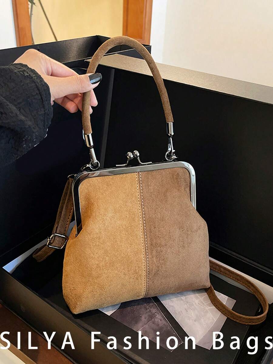 2025秋冬新款时尚复古绒面材质手提包，可拆卸女士单肩包，带纽扣开合钱包。简约棕色斜挎包