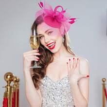 Ibeauti Fascinator Hats With Screentouch Lace Gloves Set Women Tea Party Cocktail Wedding Derby Headwear Short Gloves - 07 亮粉色 - 查看 2