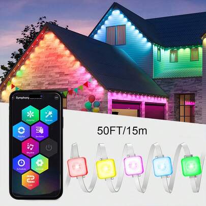 MOTIONICS 50FT Permanent Outdoor Lights RGB IC Eaves String Lights With App & Remote,IP67 Waterproof Smart Rainbow LedHouse Roof Outdoor Lighting For Christmas And Halloween Parties