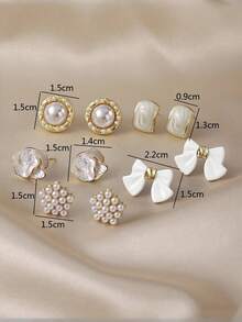 Bộ 5 chiếc/bộ tối giản cổ điển nhỏ nhắn thanh lịch màu trắng nơ, hoa trà, ngôi sao năm cánh, ngọc trai giả, bông tai đinh tán hình học, trang sức cao cấp thời trang thích hợp cho trang phục hàng ngày và ngày lễ của phụ nữ - Đặt L - Xem 7