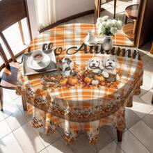 1 pièce Nappe avec motif citrouille et chien pour Thanksgiving, décoration saisonnière de table de cuisine/salle à manger, tailles rondes/rectangulaires, en polyester, décoration de fête intérieure/extérieure, décoration de vacances de Thanksgiving, décoration de cuisine à la maison