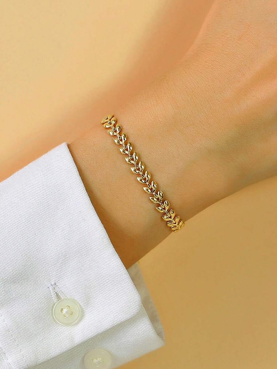 Nooxian 1pc Gold Jewelry Women's Bracelet, Layered Style, Stainless Steel Wheat Ear Tassel Waterproof Beach Vacation Bracelet, Daily Gift Accessory (Wheat Ear Bead Quantity Random, No Gift Box)