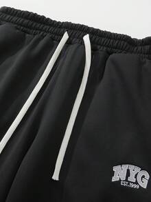 Pantalones de chándal con forro térmico para hombres de talla grande, pantalones rectos con cordón y bordado de sherpa, adecuados para invierno y otoño - Negro - Ver 4