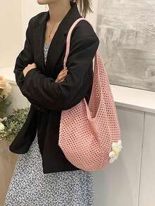 Hollow Out Weave Straw Bag Bohemian Beach Handbag Hollow Tote Bag Large Capacity Shopping Beach Bag Fashion Hollow Out Weave Straw Bag Beach Handbag Bohemian Style Beach Bag Slouchy Style Large Capacity Hollow Tote Bag Vacation