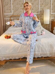 Sanrio 2pcs  Striped Long Sleeve Top And Pants Pajama Set, Cute, Elegant, Romantic, Charming, Casual, Suitable For Spring And Autumn, Fall Clothes - Blue and White - View 3