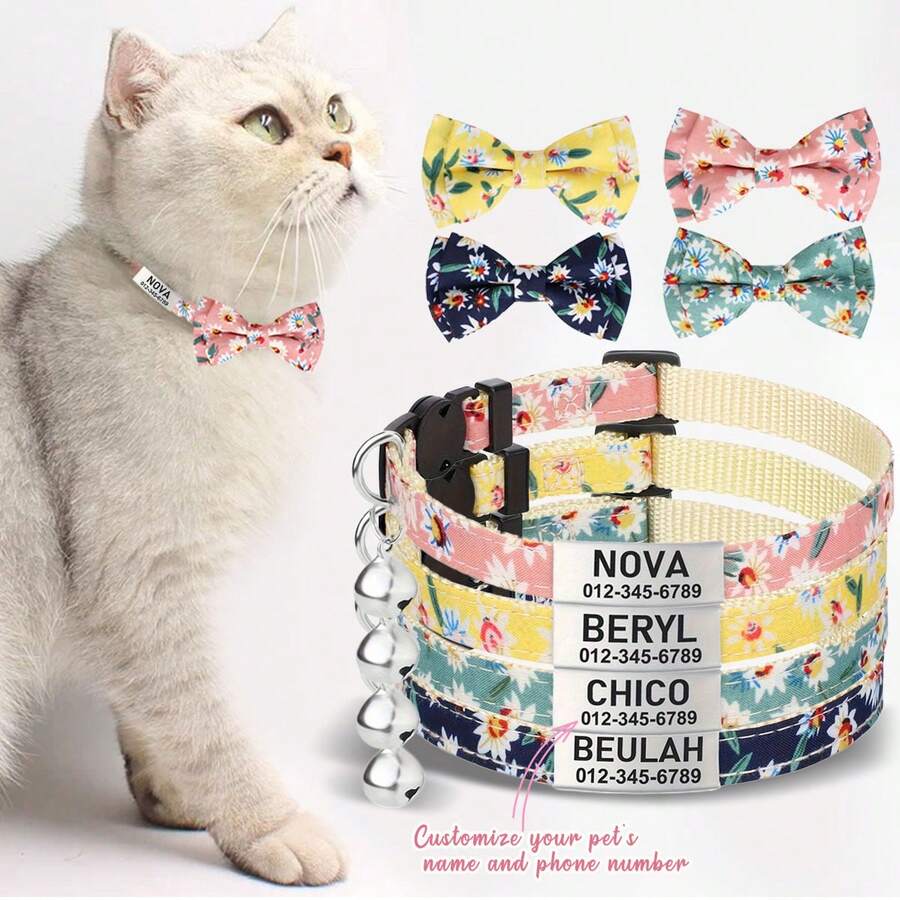 Pet Collars, Small Floral Cat Collars, Stainless Steel Engraved Custom Pet Names And Phone Numbers, Elastic Band Cat Paw Collars, Customizable Names And Phone Numbers, The Best Gift For Your Cat,Back To School