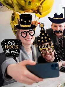 36 PCS Birthday Photo Booth Props Party Supplies Holiday Picture Decorations Photo Booth Props For Birthday Party Favors Pose Sign Kit Fun For Party (Silver And Black /Gold And Black) - Multicolor - View 6