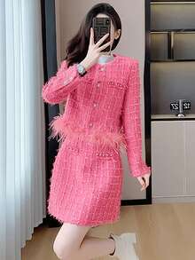 RUIWY 2 件套女士时尚经典格子优雅粉色夹克和迷你裙套装，秋季 - 粉色 - 查看 8