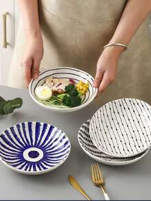 1 đĩa gốm họa tiết hình học Bắc Âu 7,5 inch, đĩa đựng salad/tráng miệng sọc xanh tròn cổ điển, thích hợp cho bữa ăn gia đình hàng ngày, đĩa đựng sữa chua yến mạch bánh mì kẹp bữa sáng, đĩa đựng trái cây phòng khách nhà hàng, quà tặng - Nhiều màu - Xem 7