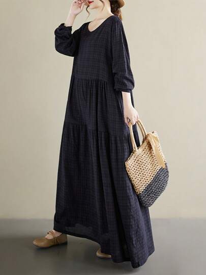 AZAH 2026春节新款圆领长袖褶皱宽松连衣裙，女士平角连衣裙，波西米亚休闲度假沙滩裙，打底连衣裙，连衣裙，秋季长裙