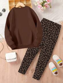 Tween Girls Vintage Heart Print Sweatshirt And Leopard Print Pants Casual Outfit - Brown - View 2