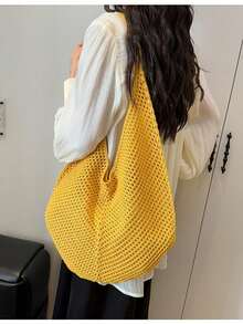 Large Capacity Crochet One Shoulder Tote Bag - Lightweight, Multifunctional Knitted Handbag, Beige, Pink, Brown, Black, Suitable For Travel, Beach, Vacation And Daily Use, Large Tote Bag