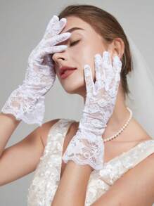 1 双蕾丝蝴蝶结新娘手套仿珍珠乳白色短款手指手套蕾丝立体刺绣优雅下午茶舞会礼服配饰照片道具情人节情人