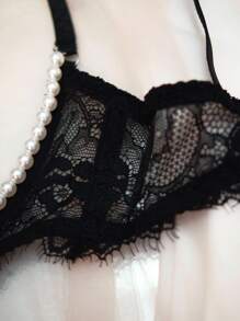 Black Cap Sleeve Comfortable Lace Sheer Pearl Decor Sexy Lingerie Set For Women