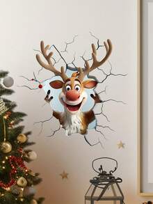 1PC 3D Christmas Wall Sticker, Cartoon Moose Breaking Through The Wall, Animal Print, Self-Adhesive, Glass Surface, Asymmetrical Shape, Matte Finish, Office Supplies, Home Decoration, For Christmas Party Decoration