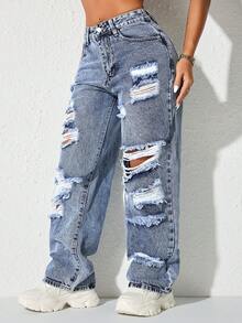 Quần jeans ống đứng cạp cao xẻ tà, túi bên hông, phong cách vintage Y2K Rave, thích hợp cho mùa xuân. - Rửa tối - Xem 4
