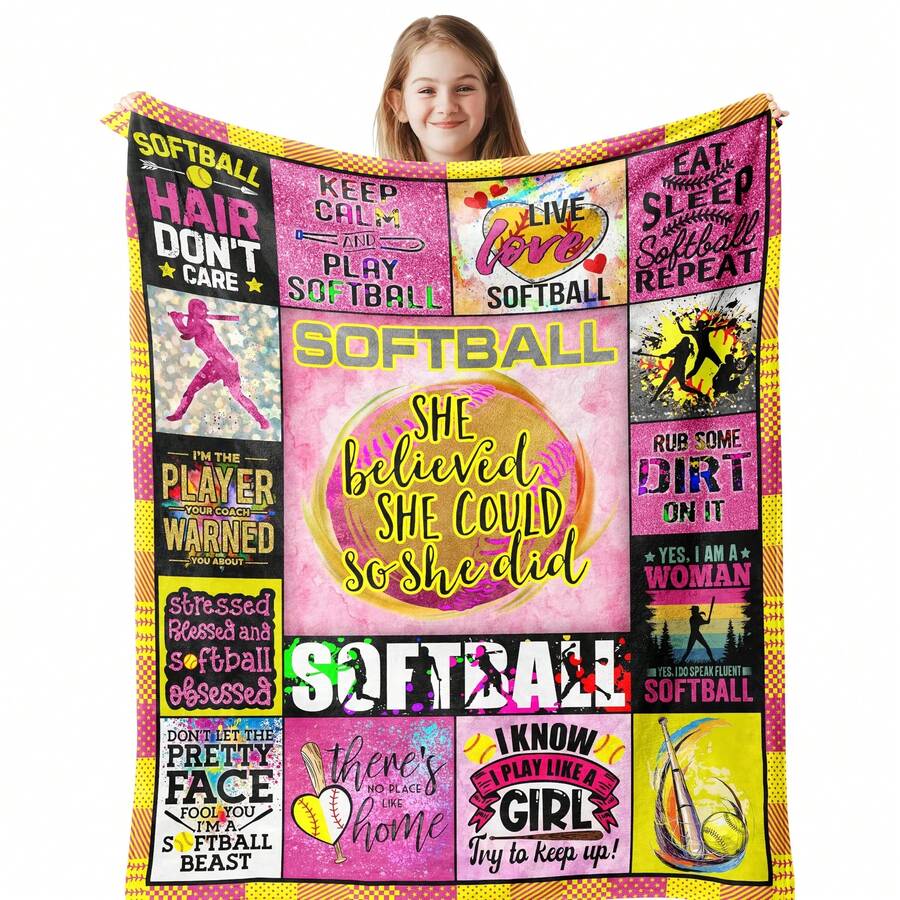 1pc 280g Softball Accessories For Girls, Softball Gifts For Girls, Softball Gifts For Team, Softball Party Favors, Softball Stuff, Softball Lover/Player Gifts, Girls Softball Blanket - 40*50 - View 1