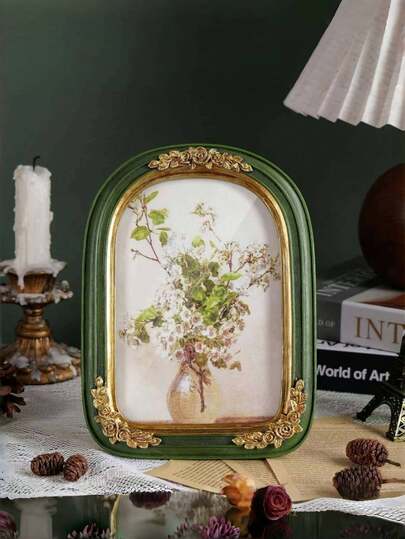 Green Vintage Arch Frame, 5x7 And 8x10 Inch Retro Photo Frame, Elegant Gold Floral Pattern, Handcrafted Textured Resin, Antique Frame, Suitable For Wall Decor, Also As Wedding Bride Gift Or Holiday Gift