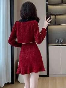 RUIWY 女士时尚淑女蝴蝶结领长袖夹克和迷你裙两件套服装，红色，节日派对 - 紅色 - 查看 2