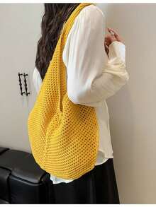 Large Capacity Crochet One Shoulder Tote Bag - Lightweight, Multifunctional Knitted Handbag, Beige, Pink, Brown, Black, Suitable For Travel, Beach, Vacation And Daily Use, Large Tote Bag