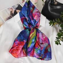 100% Mulberry Silk Scarf For Women Lightweight Long Scarves Beach Wraps Cover Up -Travel Photography Scarfhalloween - Blue Red - 查看 7