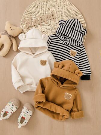 Bhchntiy 3 st/set babypojke söt björn grafisk & randig huvad casual modetröja, höst/vinter