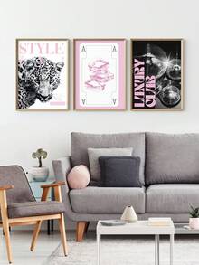 3 Pieces Cheetah Painting Posters Disco Ball Print Pictures Lucky Art Paintings Lip Wall Picture Luxury Club Wall Arts Bedroom Wall Decor Pink Room Decoration Stuff No Frame