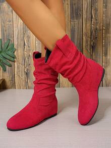 1 paire de bottes mi-mollet à plateforme confortable et à bout rond pour femmes, bottes à doublure thermique à enfiler - Rouge - Voir 2