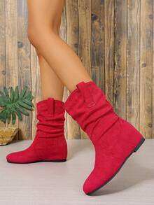 1 paire de bottes mi-mollet à plateforme confortable et à bout rond pour femmes, bottes à doublure thermique à enfiler - Rouge - Voir 5