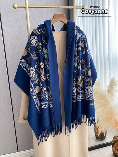 1件装女士秋冬仿羊绒刺绣围巾，加厚保暖流苏刺绣波西米亚风旅行披肩斗篷，可搭配连衣裙